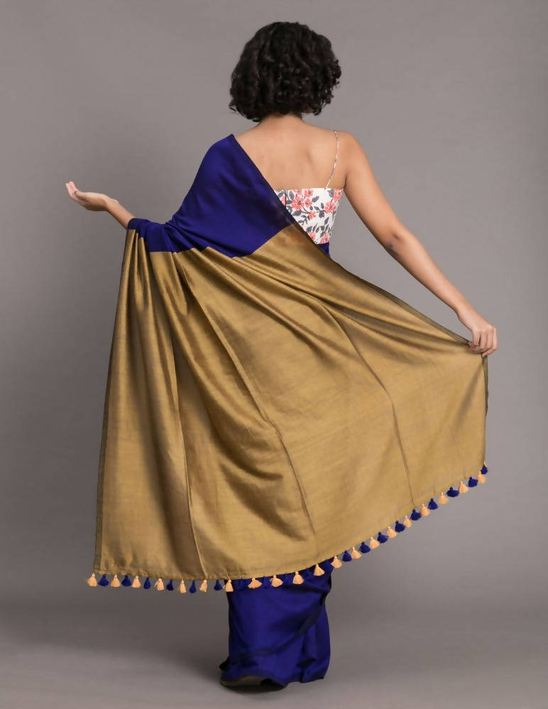 Suta Navy Blue Golden Colourblocked Saree | Grocsy