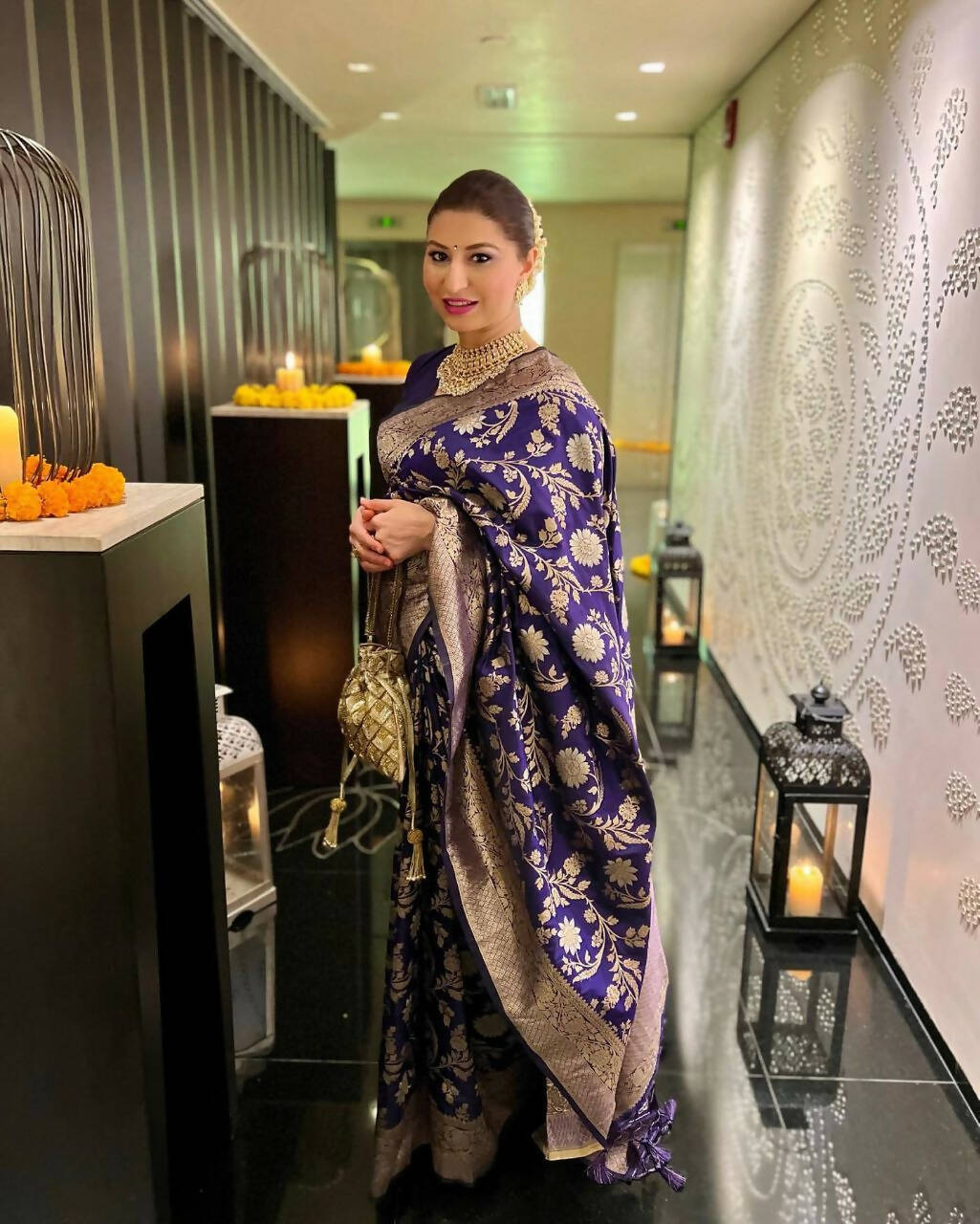 DEIANA'S Beautiful Designer Golden zari Soft Lichi Silk Saree - Blue | Grocsy