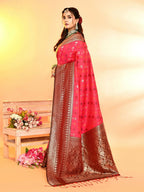 Joban Fashion Rani Pink & Bottle Green Plain With Weaving Border Banarasi Silk Sarees | Grocsy