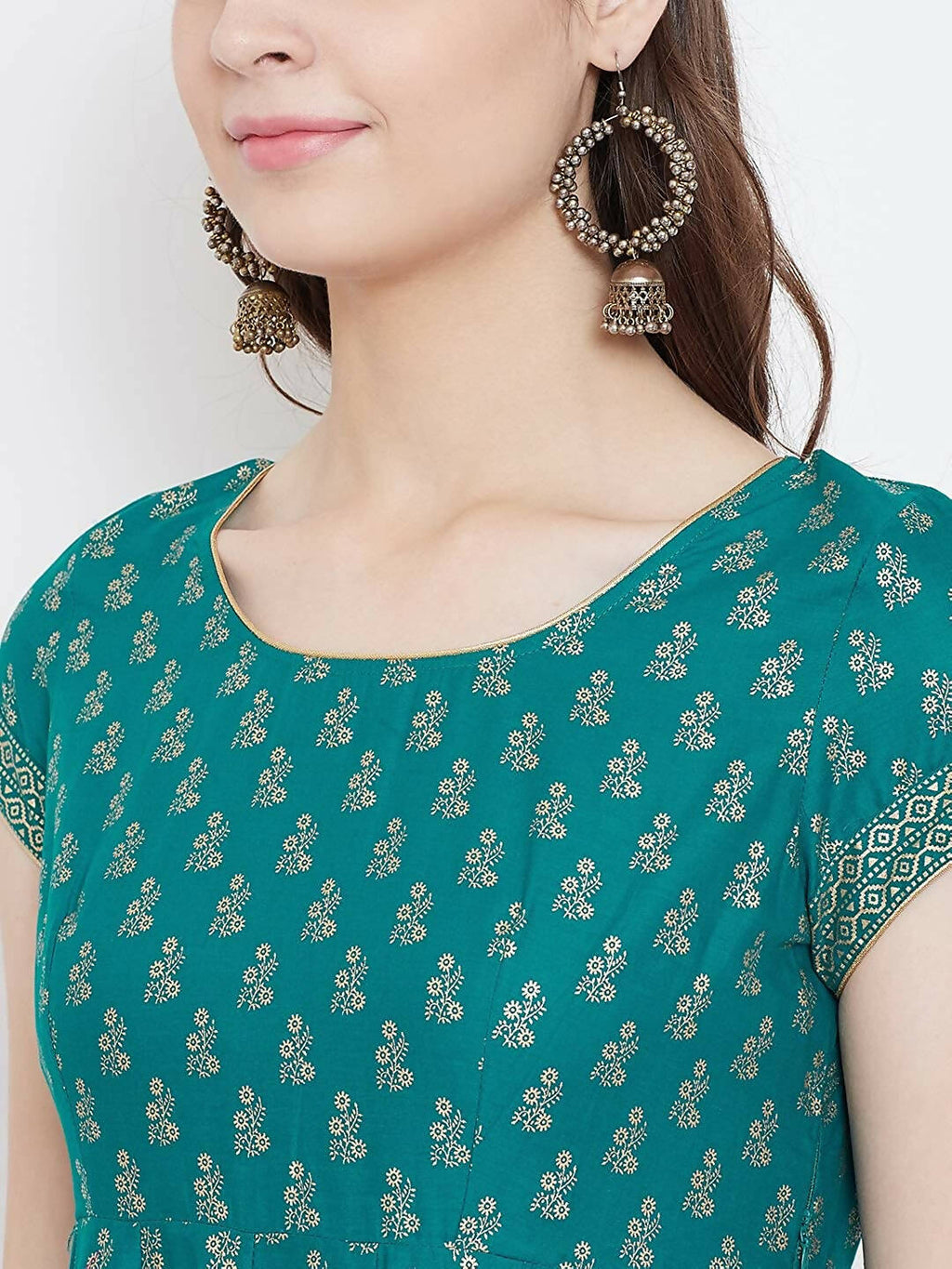 Cheera Embellished Daily Wear Cotton Blend Kurta - Turquoise Green | Grocsy