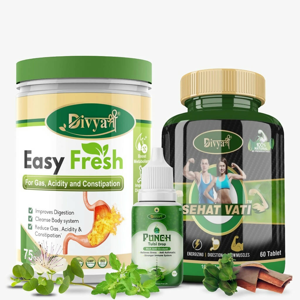 Divya Shree Sehat Vati Capsule, Easy Fresh Powder & Punch Tulsi Drop Combo | Grocsy