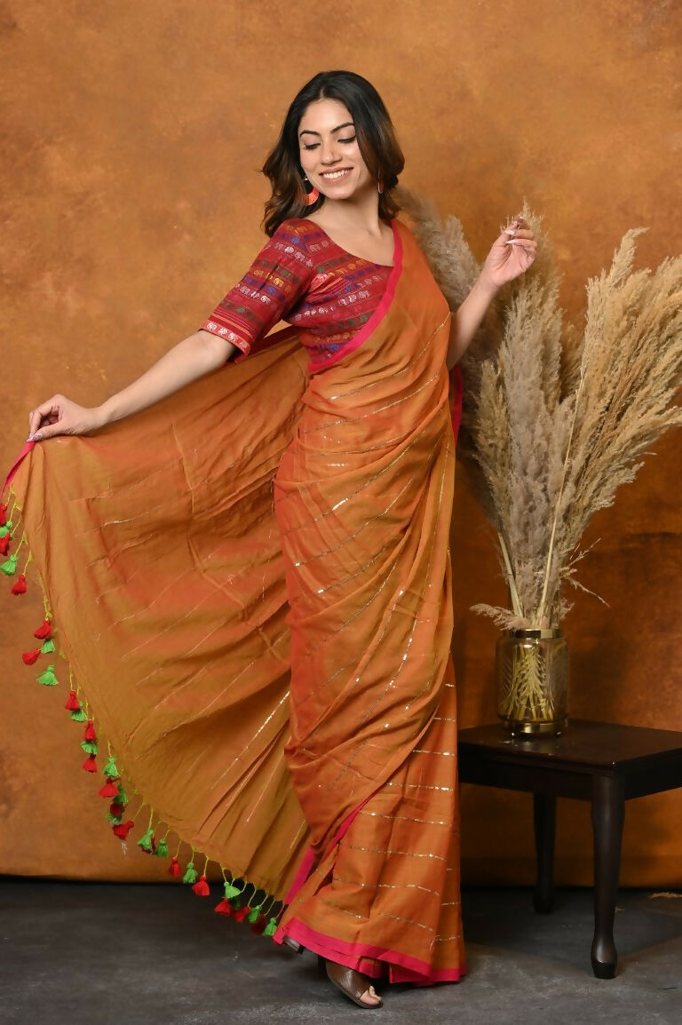 Very Much Indian Designer Mul Cotton Handloom Saree with Sequins - Orange | Grocsy