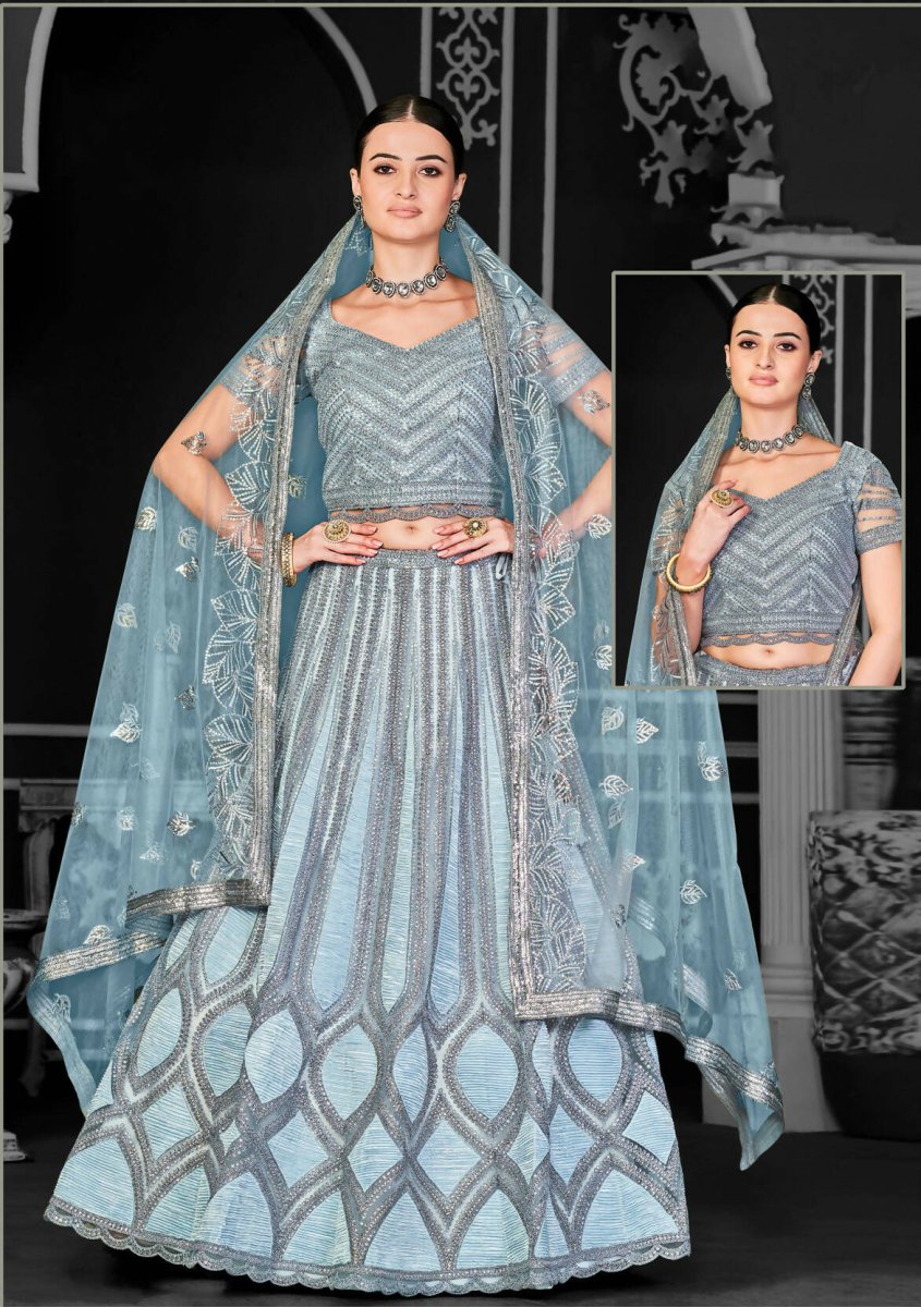 Aqua Blue Net Semi-Stitched Bridal Lehenga - Nimayaa Bonanza | Grocsy