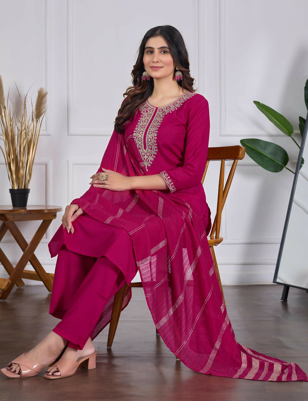 The52 Pink Women's Beautiful Embroidered Rayon Slub Fabric with Straight Kurta, Pant and Dupatta Set | Grocsy