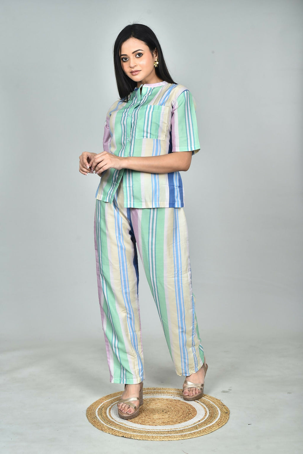 Morchari Digital Print Semi Muslin Co-Ord Set Top & Trouser-Multicolor | Grocsy