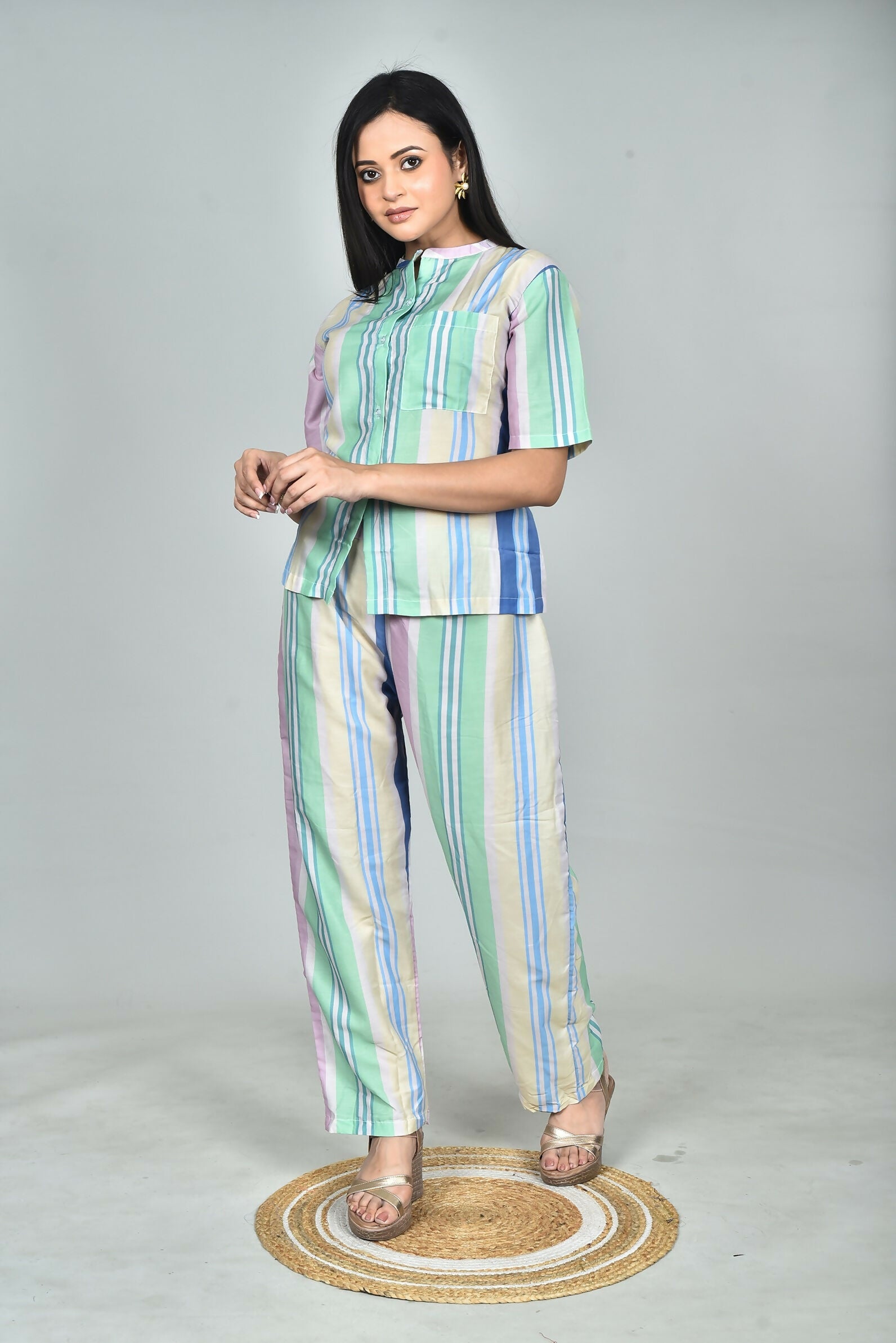 Morchari Digital Print Semi Muslin Co-Ord Set Top & Trouser-Multicolor | Grocsy