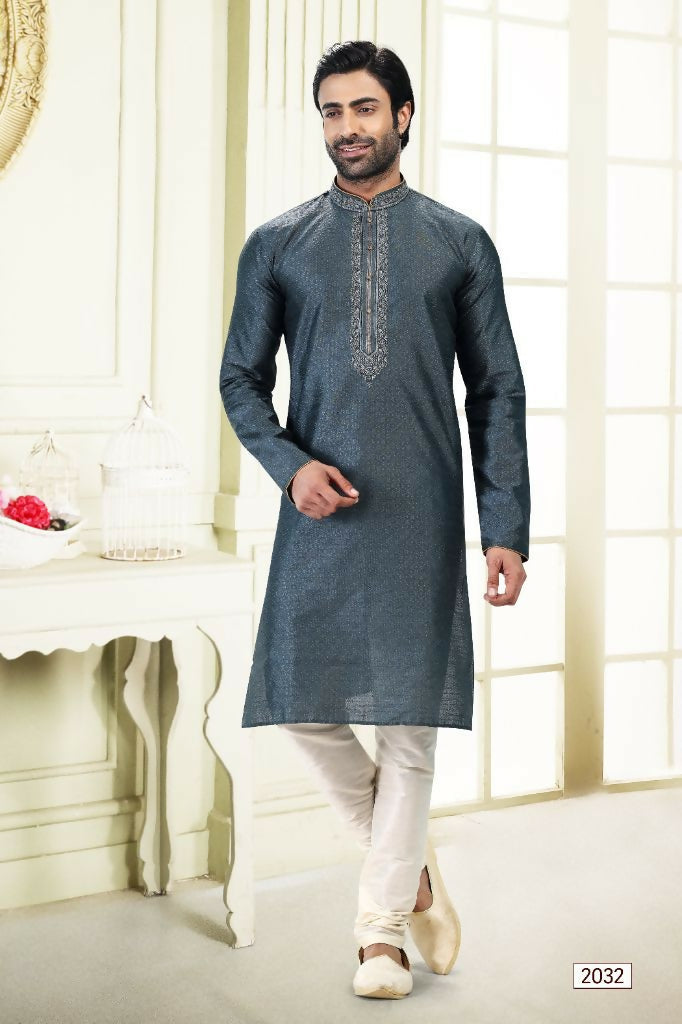 Raivat Ethnic Jacquard Banarasi Silk Thread Work Kurta Pajama In Grey Colour | Grocsy