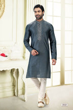 Raivat Ethnic Jacquard Banarasi Silk Thread Work Kurta Pajama In Grey Colour | Grocsy