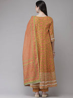 Yufta Yellow Printed kurta with Trouser Dupatta Set | Grocsy