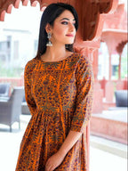 Designer Partywear Printed Dark Coral Pure Maslin Gown - Anbazaar | Grocsy