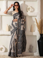 Shree Shyam Fashion Linen Cotton Black & Cream Saree | Grocsy
