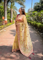 Vastranavya Twill Net Designer Embroidery & Colour Thread & Diamond work Saree with Blouse Material - Yellow | Grocsy