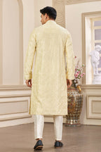 Raivat Ethnic Men's Art Silk Thread Work Kurta Pyjama In Yellow Colour | Grocsy