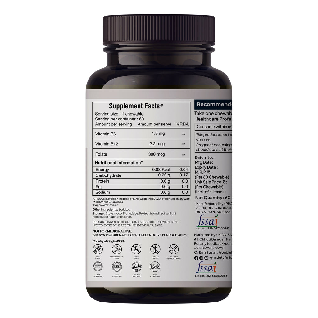 Miduty Vitamin B12 - Methyl Folate Chewables | Grocsy