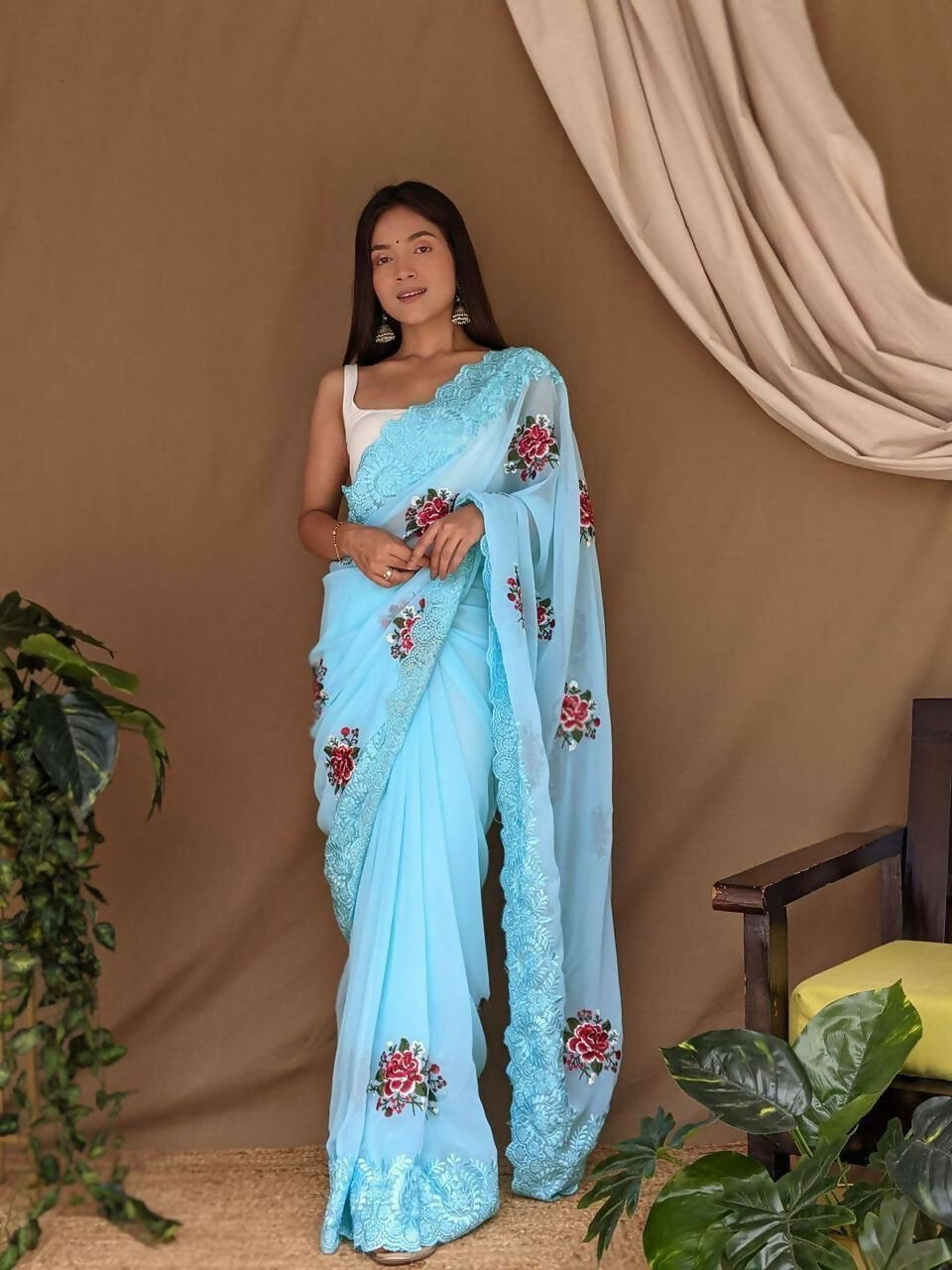Vamsee Fana Sky Georgette Silk Saree | Grocsy
