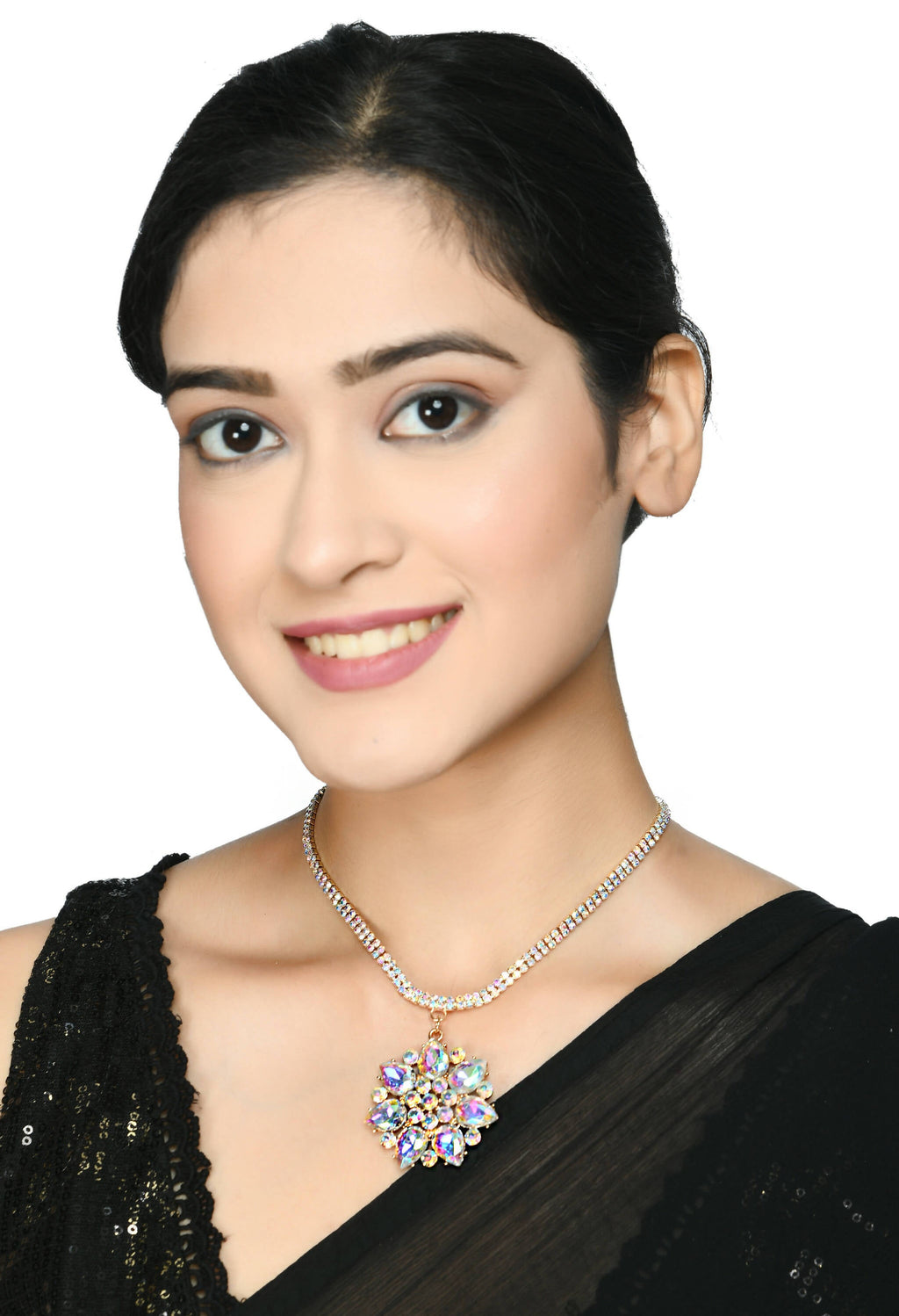 Mominos Fashion Johar Kamal Statement Gold-Polished Finish AD Stone Long Necklace For Women (White) | Grocsy
