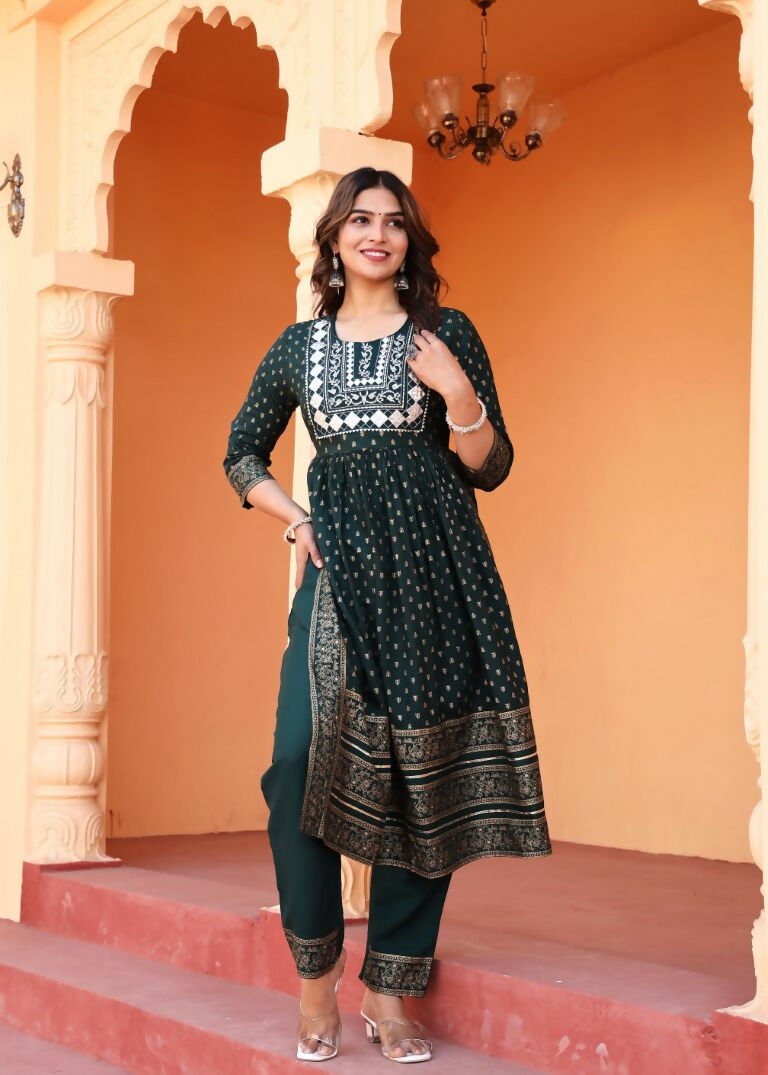 Alvano Women's Embroidery work Print Naira Cut Kurti with Pant and Dupatta set Rayon | Grocsy