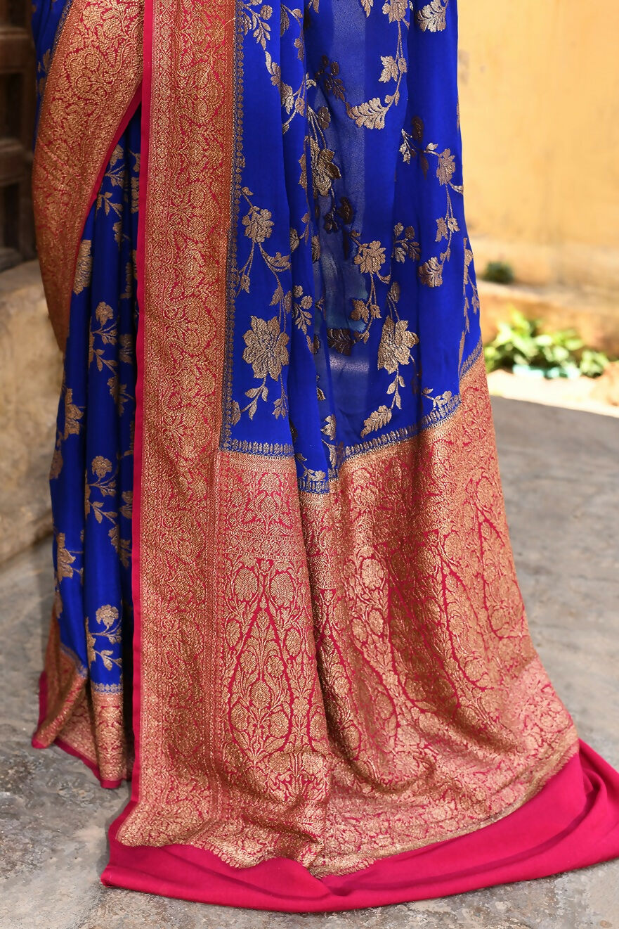 Joban Fashion Ink Blue Crepe Chiffon Pure Handloom Banarasi Silk Saree | Grocsy