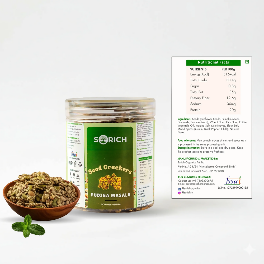 Sorich Organics Pudina Seeds Cracker – Crispy & Healthy Snack with Pudina Masala Twist | Grocsy