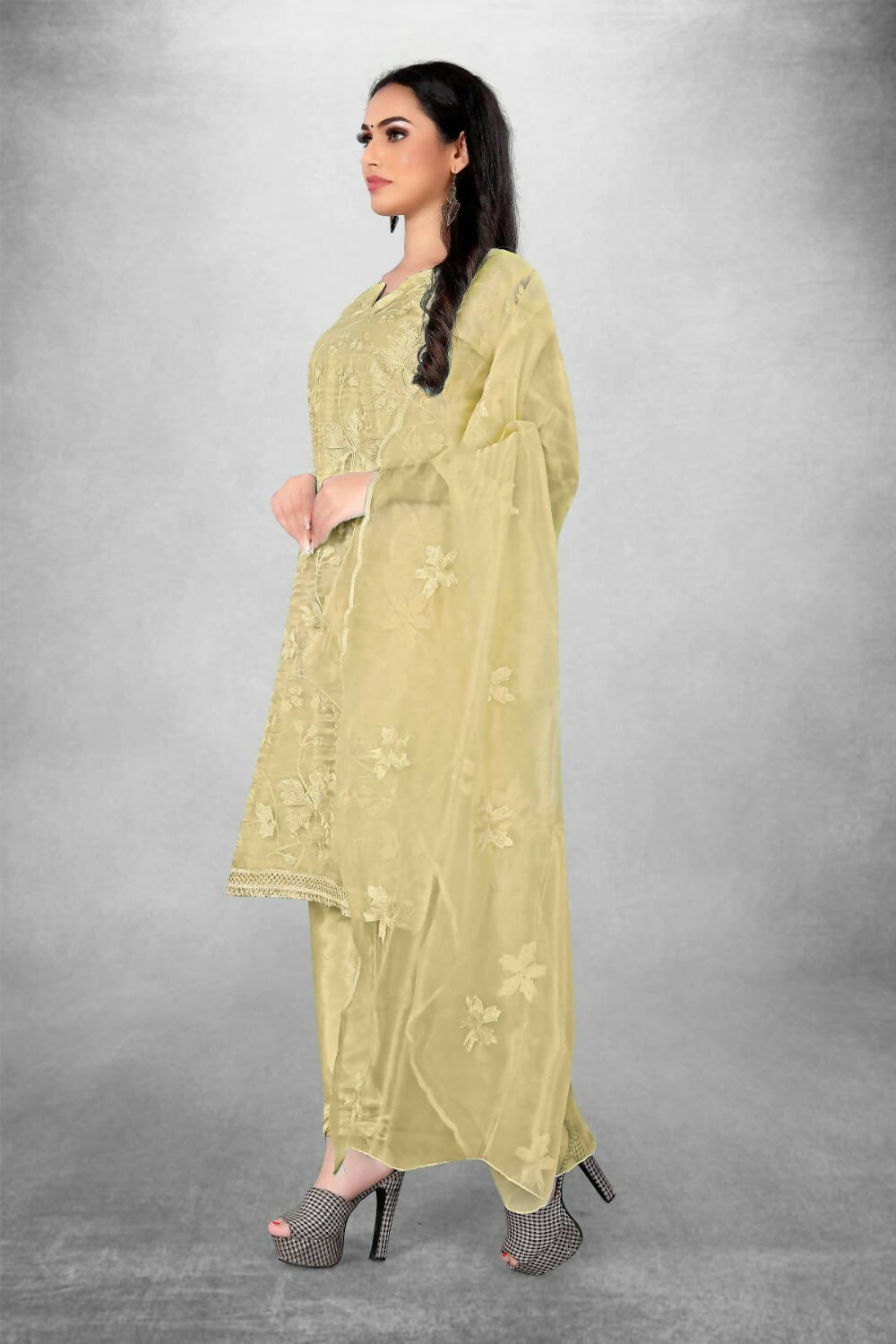 Beige Heavy Organza Silk Embroidered Unstitched Dress Material - Amara | Grocsy