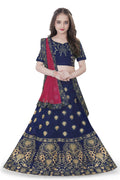 Dwiden Navy Blue Gulab Tafetta Sattin Semi-Stitched Girl's Lehenga Choli | Grocsy