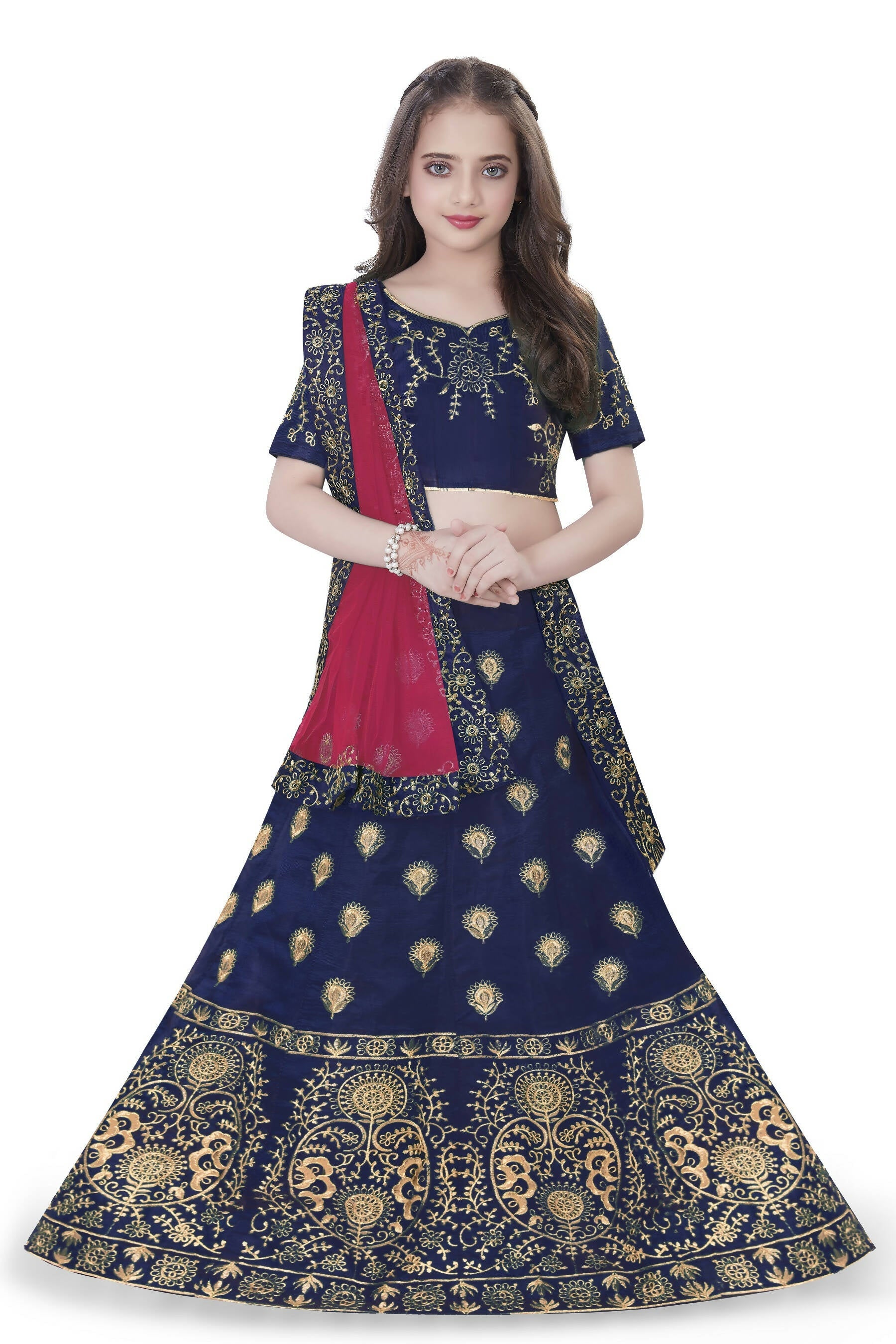 Dwiden Navy Blue Gulab Tafetta Sattin Semi-Stitched Girl's Lehenga Choli | Grocsy