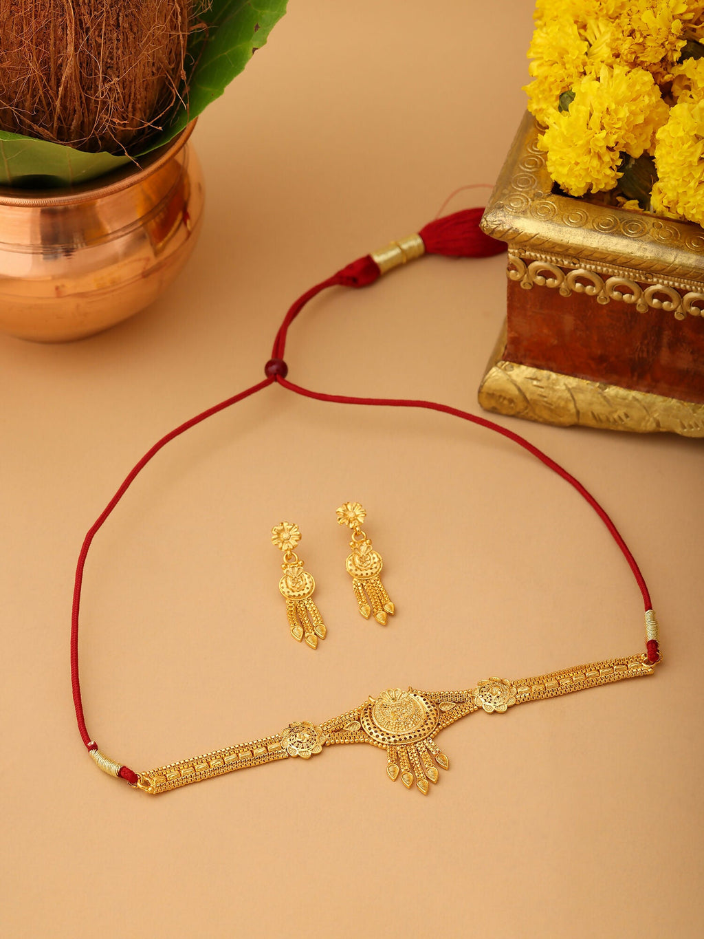 Ruby Raang Golden Choker with Earrings | Grocsy