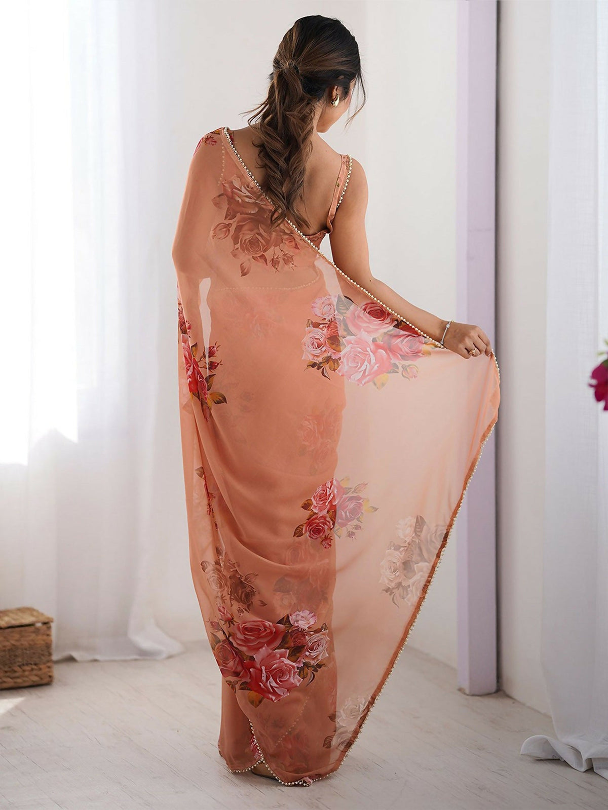 Traditional Partywear Peach Georgette Fancy Saree-Pavitra | Grocsy