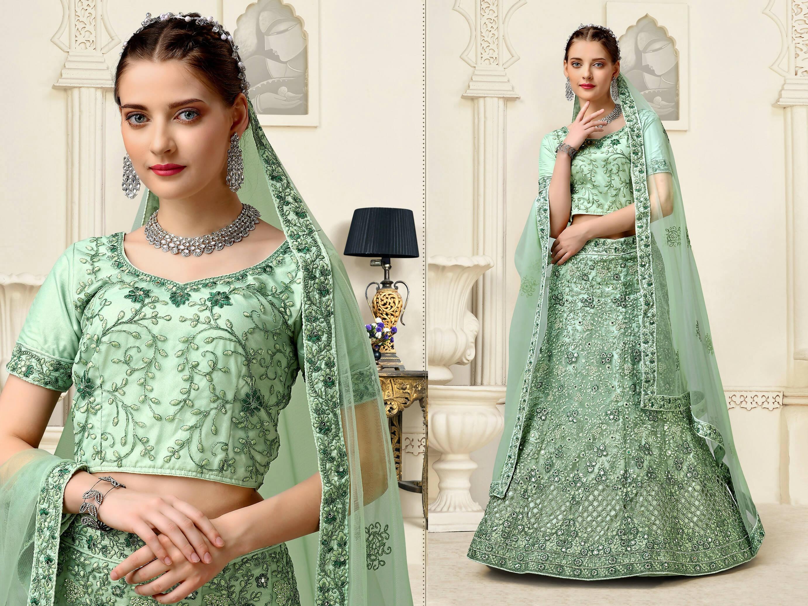 Sea Green Net Fancy Zari Embroidered work Lehenga Choli with Dupatta - Heer | Grocsy
