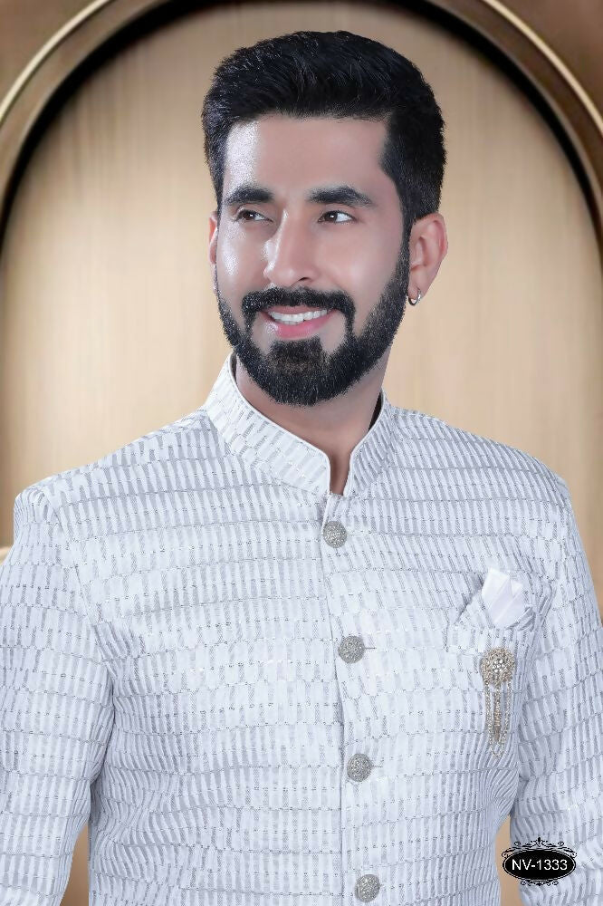 Joban Fashion Men's Grey & White Cotton Silk Kurta with Pyjama | Grocsy
