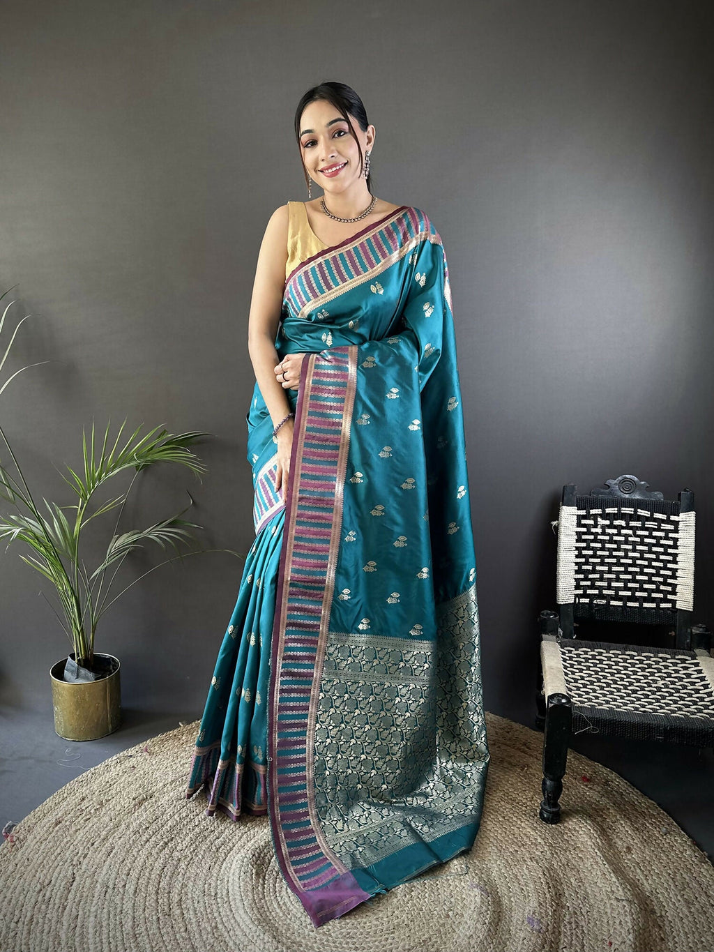 Joban Fashion Teal Blue Woven Zari Motifs Lichi Silk Banarasi Silk Saree | Grocsy