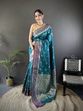 Joban Fashion Teal Blue Woven Zari Motifs Lichi Silk Banarasi Silk Saree | Grocsy