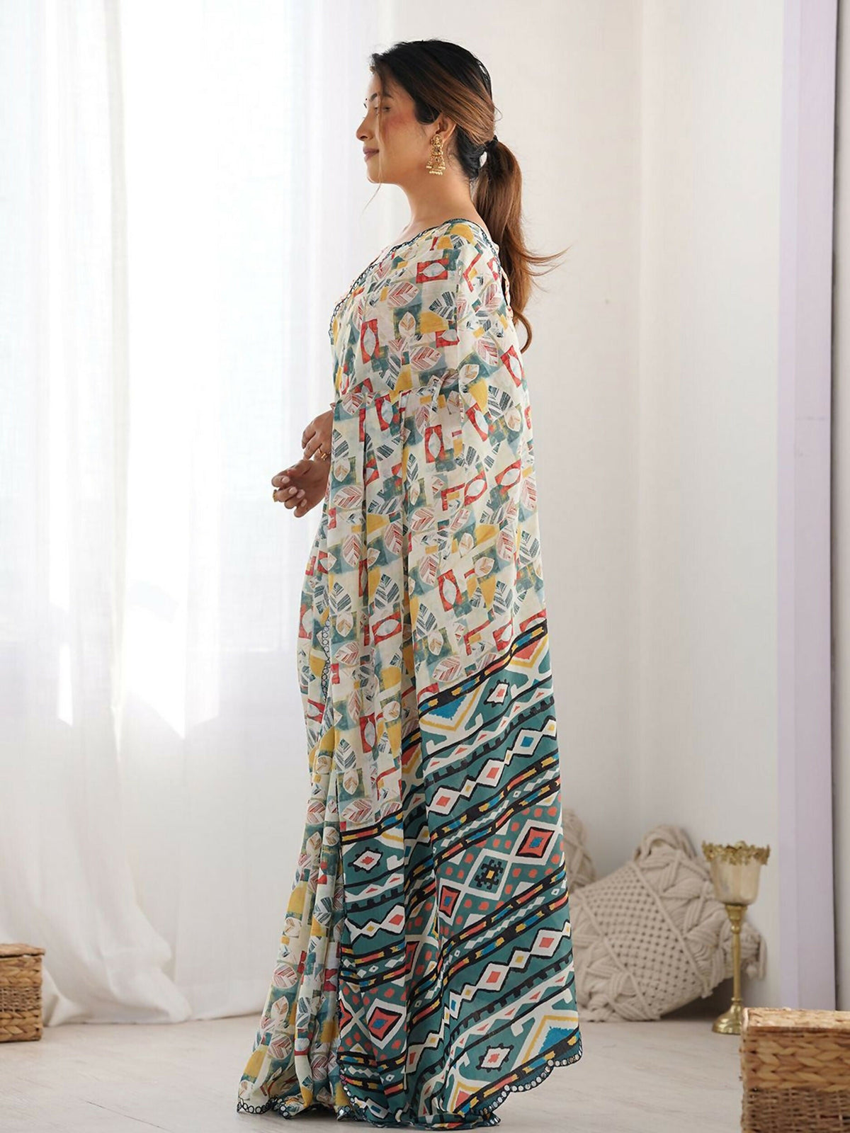 Designer Partywear Georgette White Fancy Saree - Durga | Grocsy