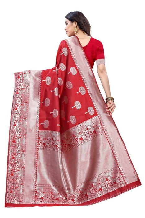Vamika Banarasi Jacquard Weaving Red Saree (AMEE RED) | Grocsy