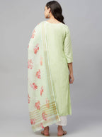 Myshka Green Embroidered 3/4 Sleeve V Neck Kurta Pant Dupatta Set | Grocsy
