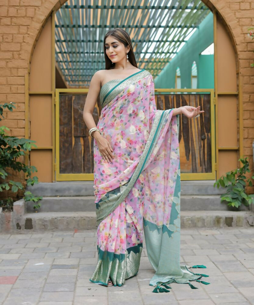 Vamsee Dhruvini Pink Georgette Saree | Grocsy
