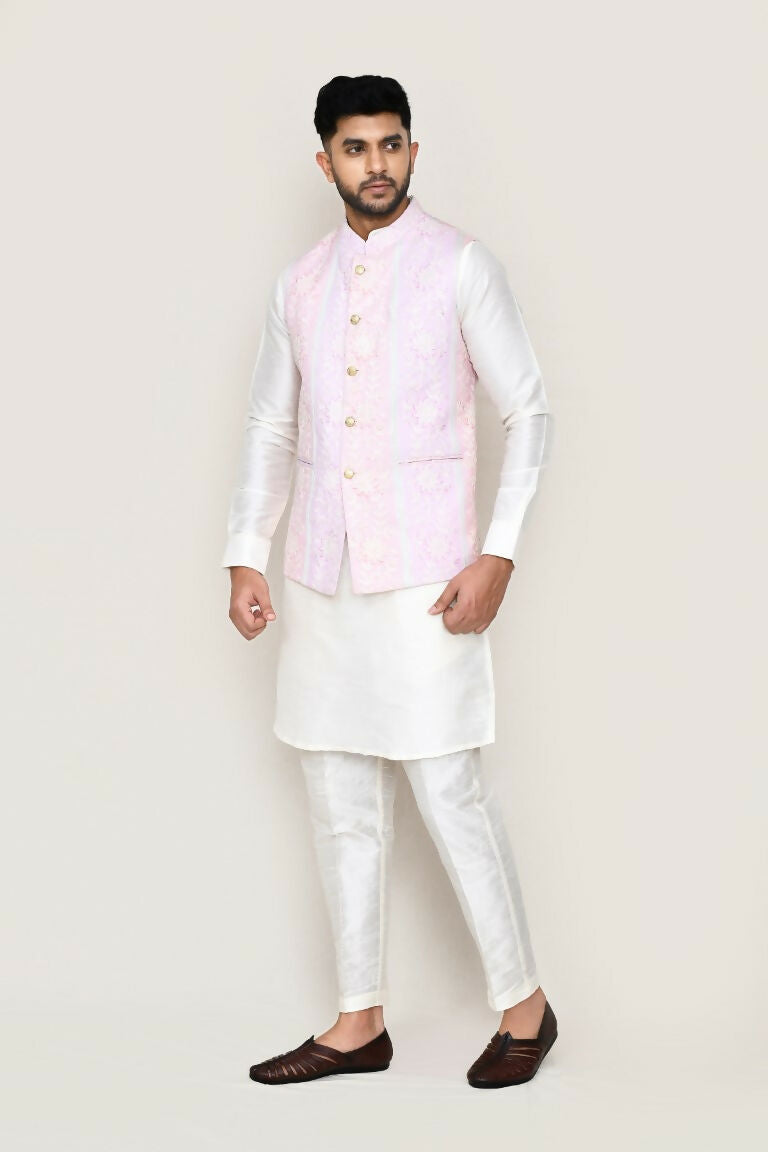 Joban Fashion White Colored Art Silk Fabric Kurta, Jacket With Straight Fit Pant | Grocsy