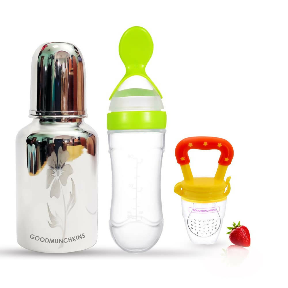 Goodmunchkins Stainless Steel Feeding Bottle, Food Feeder & Fruit Feeder Combo for Baby-(Green-Yellow, 300ml) | Grocsy