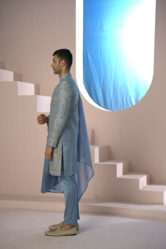 Majestic Blue Sherwani With Intricate Gold Crane And Floral Hand Embroidery. by Hilo Design | Grocsy