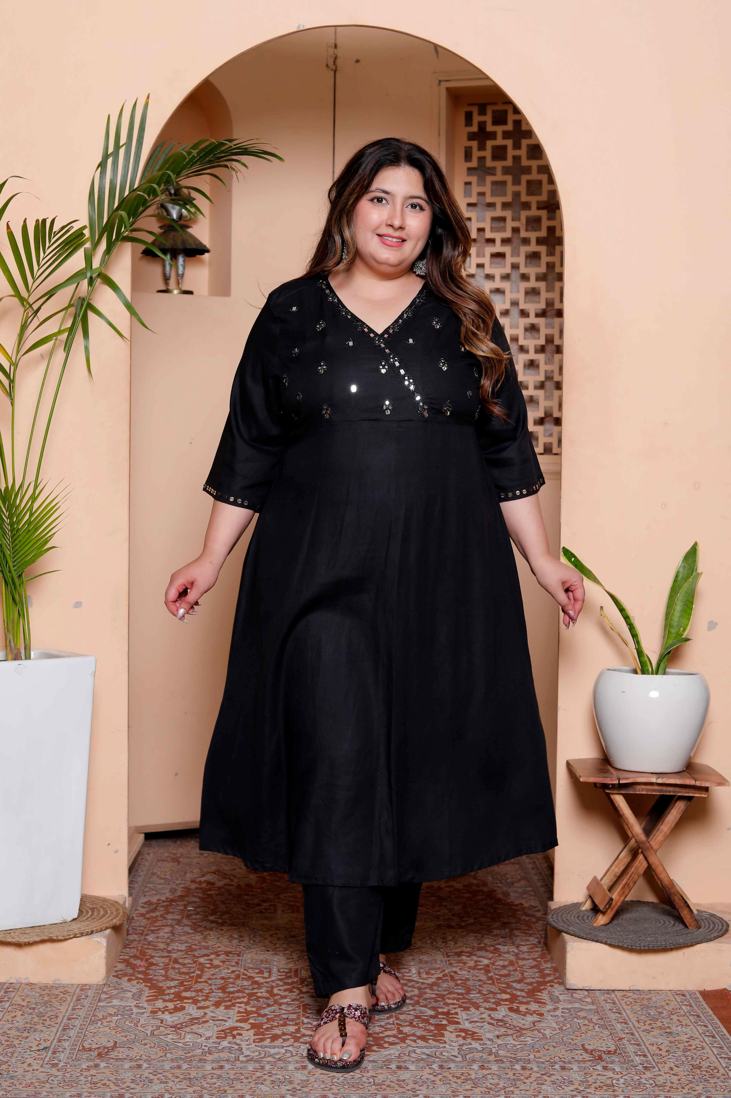 Miravan Womens Plus Size Black Mirror work Angrakha Kurta and Palazzo Set | Grocsy