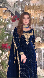 Joban Fashion Blue Velvet Sequence Embroidery Work Kurta Set | Grocsy