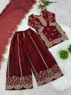 Teeya Creation Girls Heavy Embroidery Maroon Ethnic Kurta And Palazzo Set With Net Dupatta | Grocsy