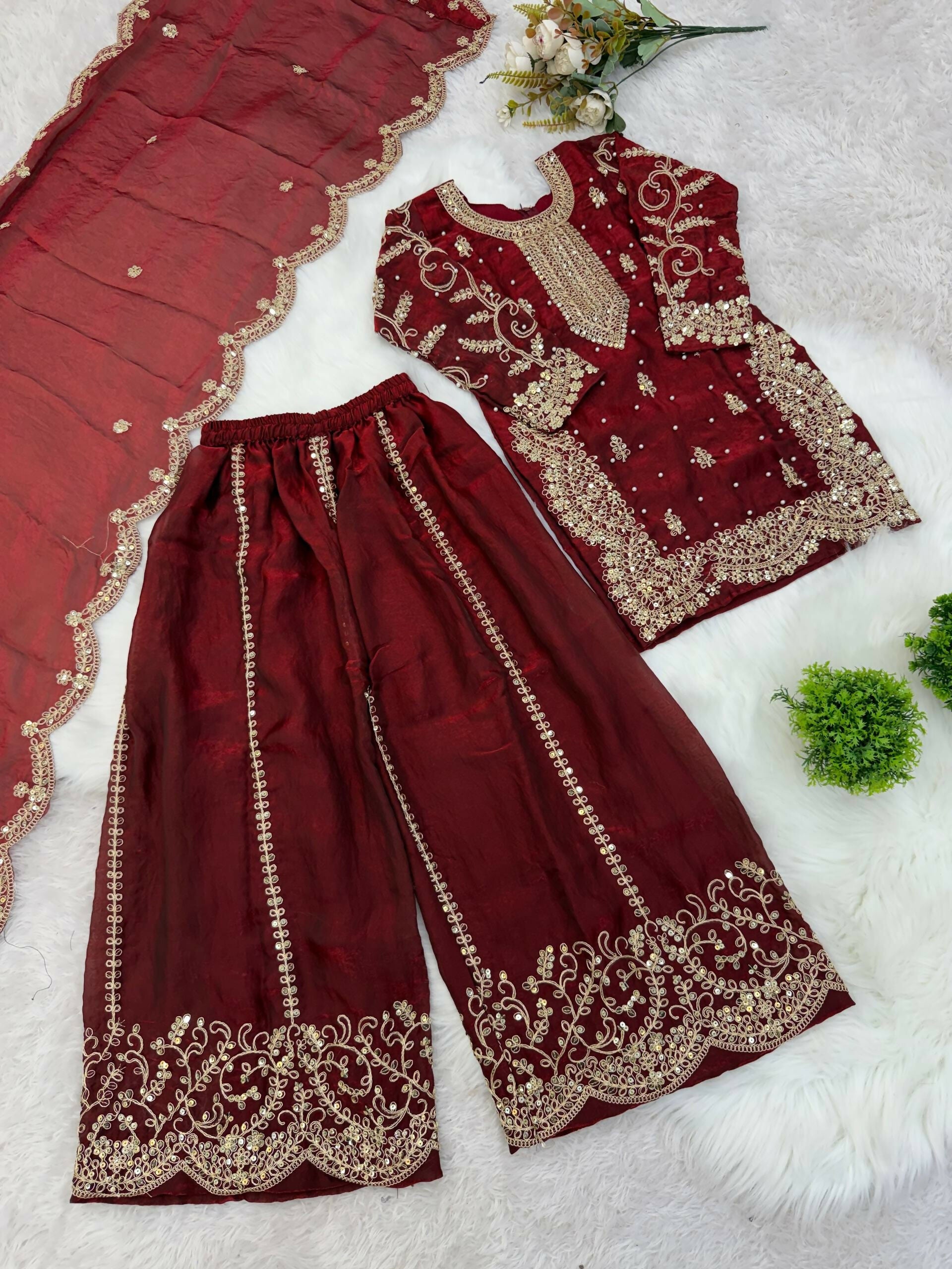 Teeya Creation Girls Heavy Embroidery Maroon Ethnic Kurta And Palazzo Set With Net Dupatta | Grocsy