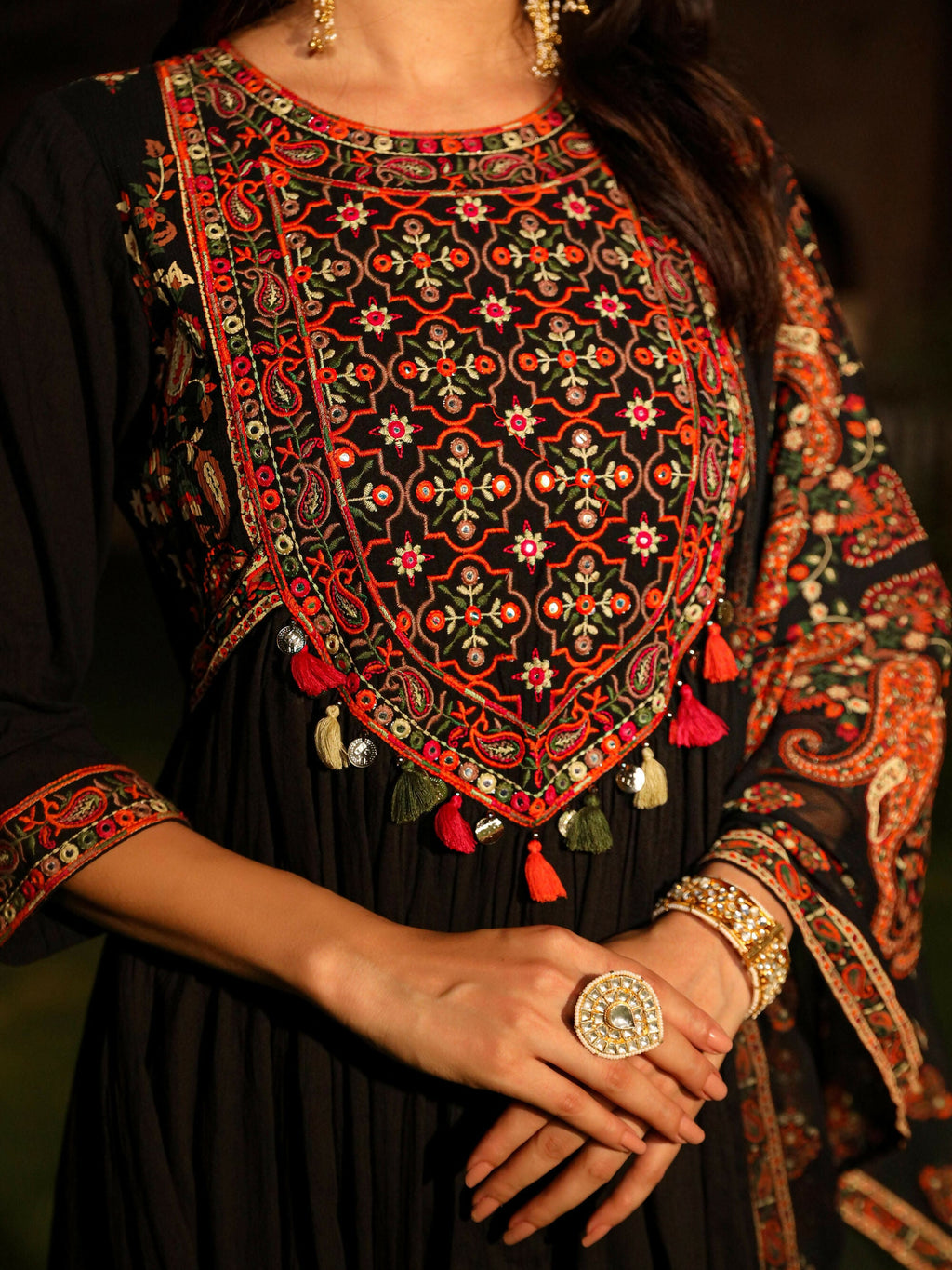 Juniper Women's Black Thread Embroidered Cotton Dress & Dupatta With Tassels & Mirror Work | Grocsy