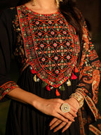 Juniper Women's Black Thread Embroidered Cotton Dress & Dupatta With Tassels & Mirror Work | Grocsy