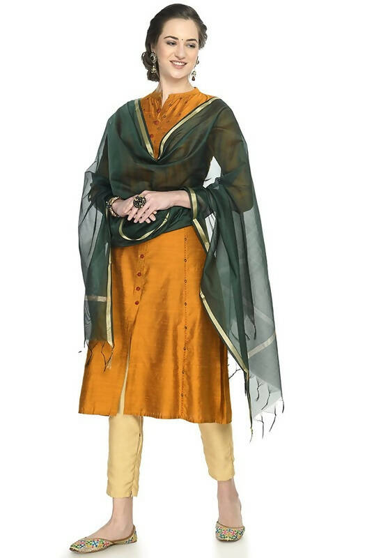 Mominos Fashion Moeza Banarsi Piping Bottle Green Dupatta | Grocsy