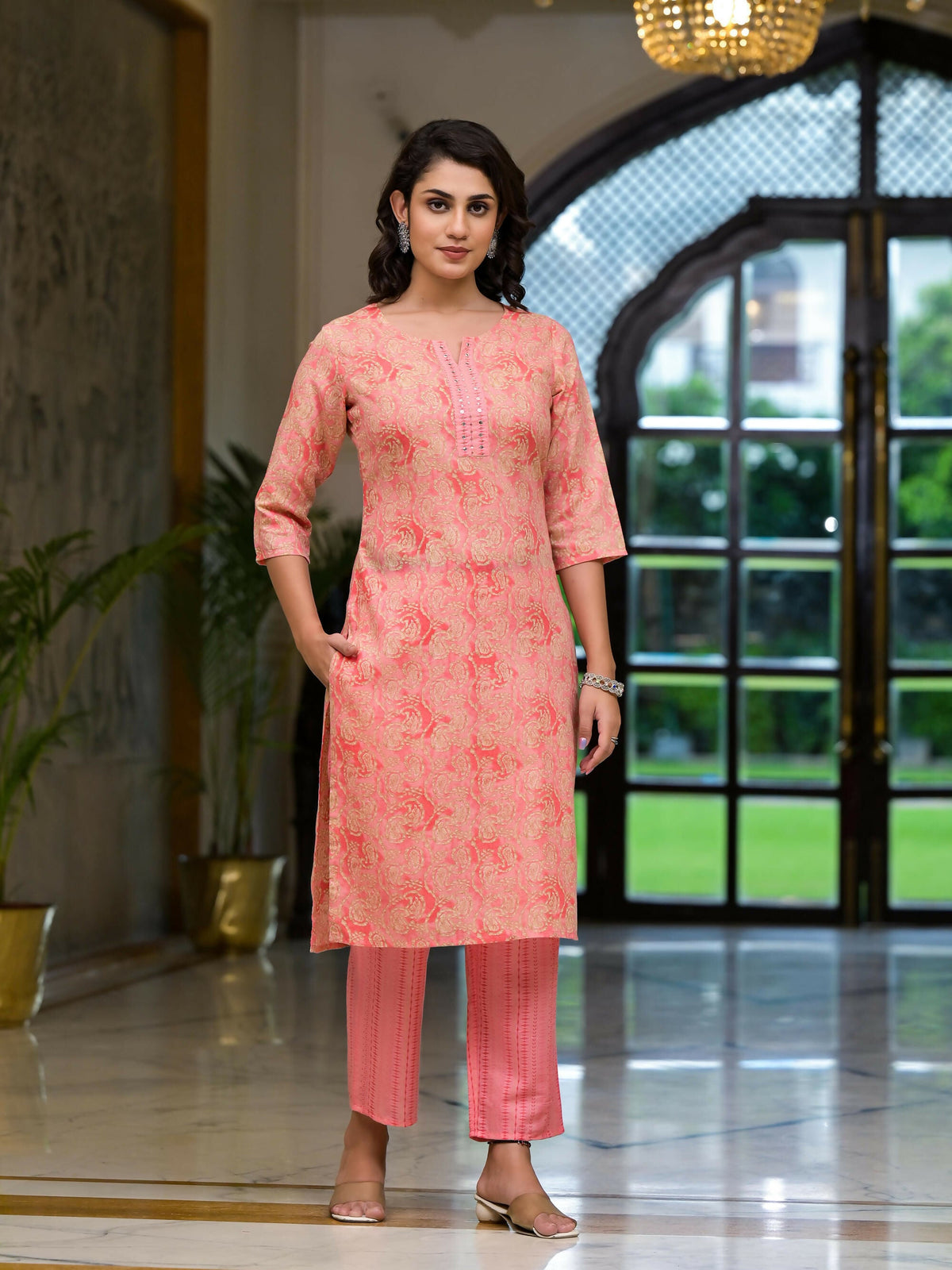Juniper Women's Pink Ethnic Motif Printed Cotton Kurta Pant And Dupatta Set With Mirror Work & Sequins | Grocsy