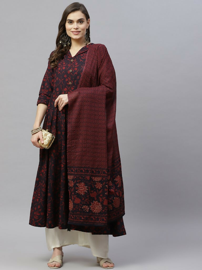 Miravan Women's Pure Floral Printed Anarkali Kurta With Gold Print Dupatta | Grocsy