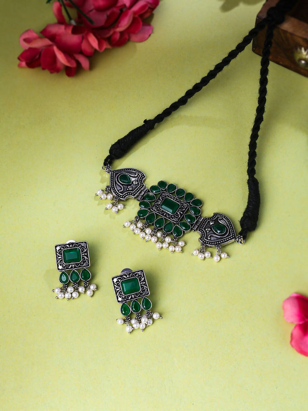 NVR Women's Oxidised Silver Plated Green Color Stone Jewellery Set With Earrings | Grocsy
