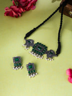 NVR Women's Oxidised Silver Plated Green Color Stone Jewellery Set With Earrings | Grocsy
